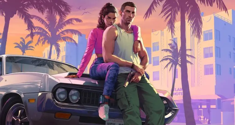 Arte conceitual de GTA 6 com Jason e Lucia sentados sobre carro vintage em Vice City ao pôr do sol, cercados por palmeiras.