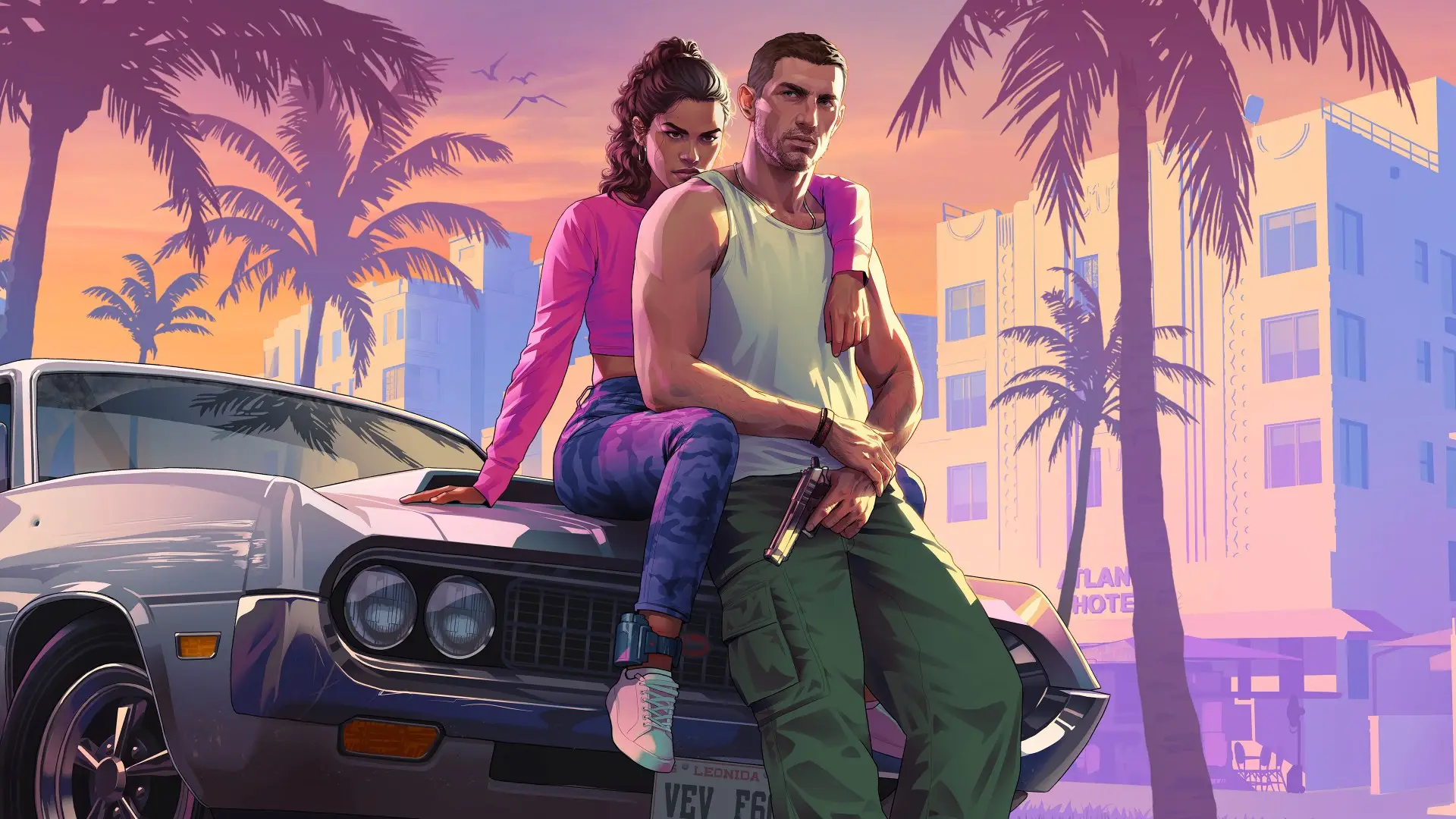 Arte conceitual de GTA 6 com Jason e Lucia sentados sobre carro vintage em Vice City ao pôr do sol, cercados por palmeiras.