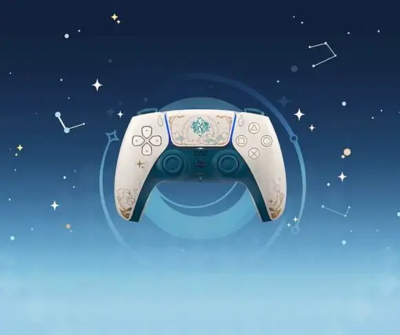 Controle DualSense do PlayStation 5 em edição temática de Genshin Impact sobre fundo estrelado azul