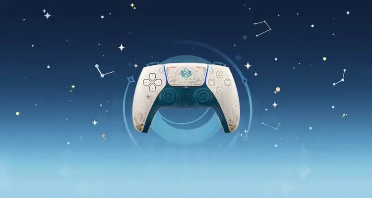 Controle DualSense do PlayStation 5 em edição temática de Genshin Impact sobre fundo estrelado azul