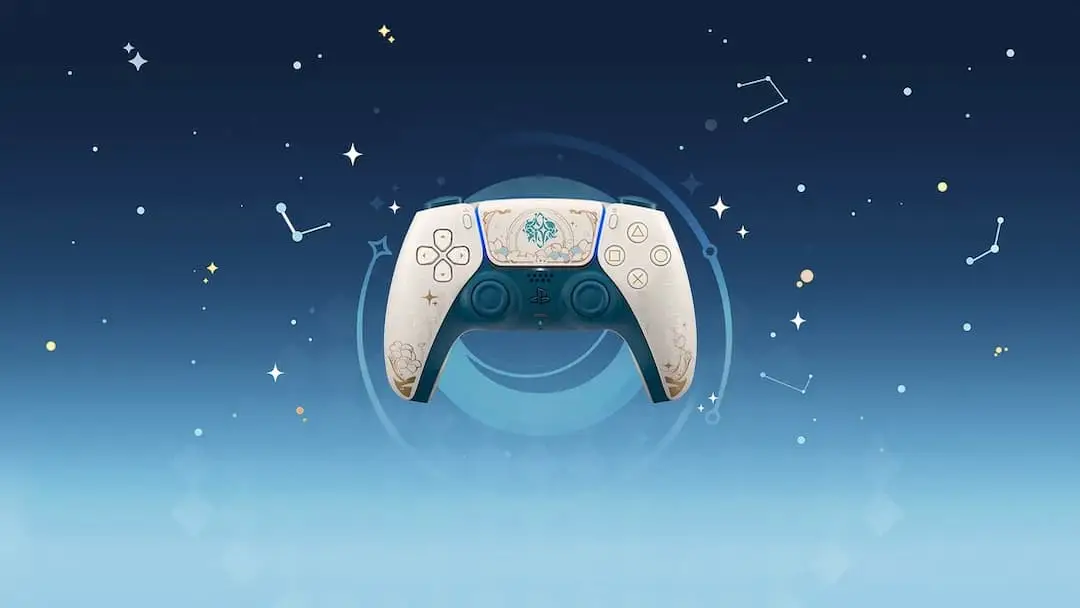 Controle DualSense do PlayStation 5 em edição temática de Genshin Impact sobre fundo estrelado azul