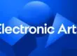 Nome Electronic Arts em letras brancas sobre fundo azul, com cubo, esfera e pirâmide em 3D.