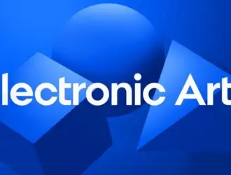 Nome Electronic Arts em letras brancas sobre fundo azul, com cubo, esfera e pirâmide em 3D.