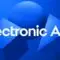 Nome Electronic Arts em letras brancas sobre fundo azul, com cubo, esfera e pirâmide em 3D.