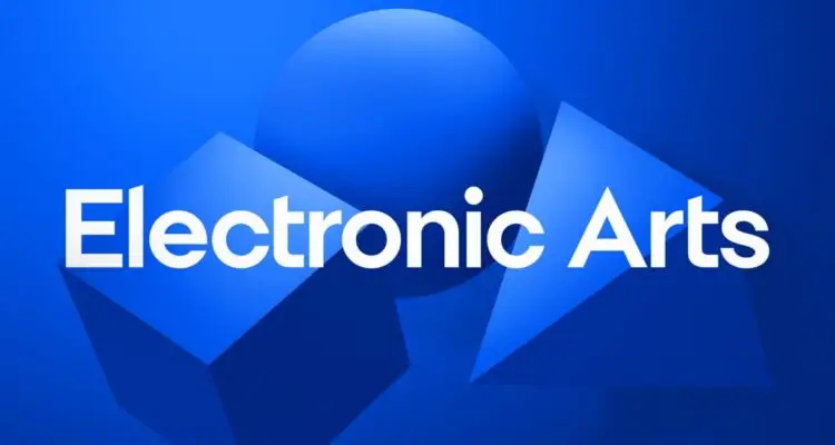 Nome Electronic Arts em letras brancas sobre fundo azul, com cubo, esfera e pirâmide em 3D.