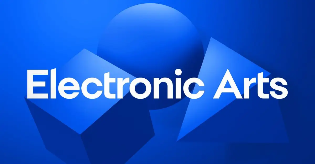 Nome Electronic Arts em letras brancas sobre fundo azul, com cubo, esfera e pirâmide em 3D.