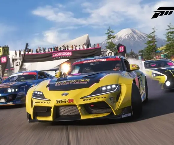 Arte oficial de Forza Horizon 6 com três carros de corrida disputando largada no Horizon Festival com Monte Fuji ao fundo