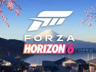 Logotipo Forza Horizon 6 sobre paisagem com Monte Fuji nevado, cerejeiras em flor e vilarejo japonês ao fundo.
