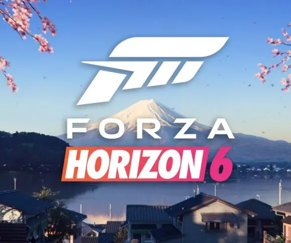 Logotipo Forza Horizon 6 sobre paisagem com Monte Fuji nevado, cerejeiras em flor e vilarejo japonês ao fundo.
