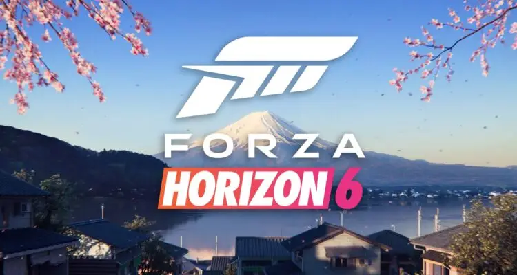 Logotipo Forza Horizon 6 sobre paisagem com Monte Fuji nevado, cerejeiras em flor e vilarejo japonês ao fundo.