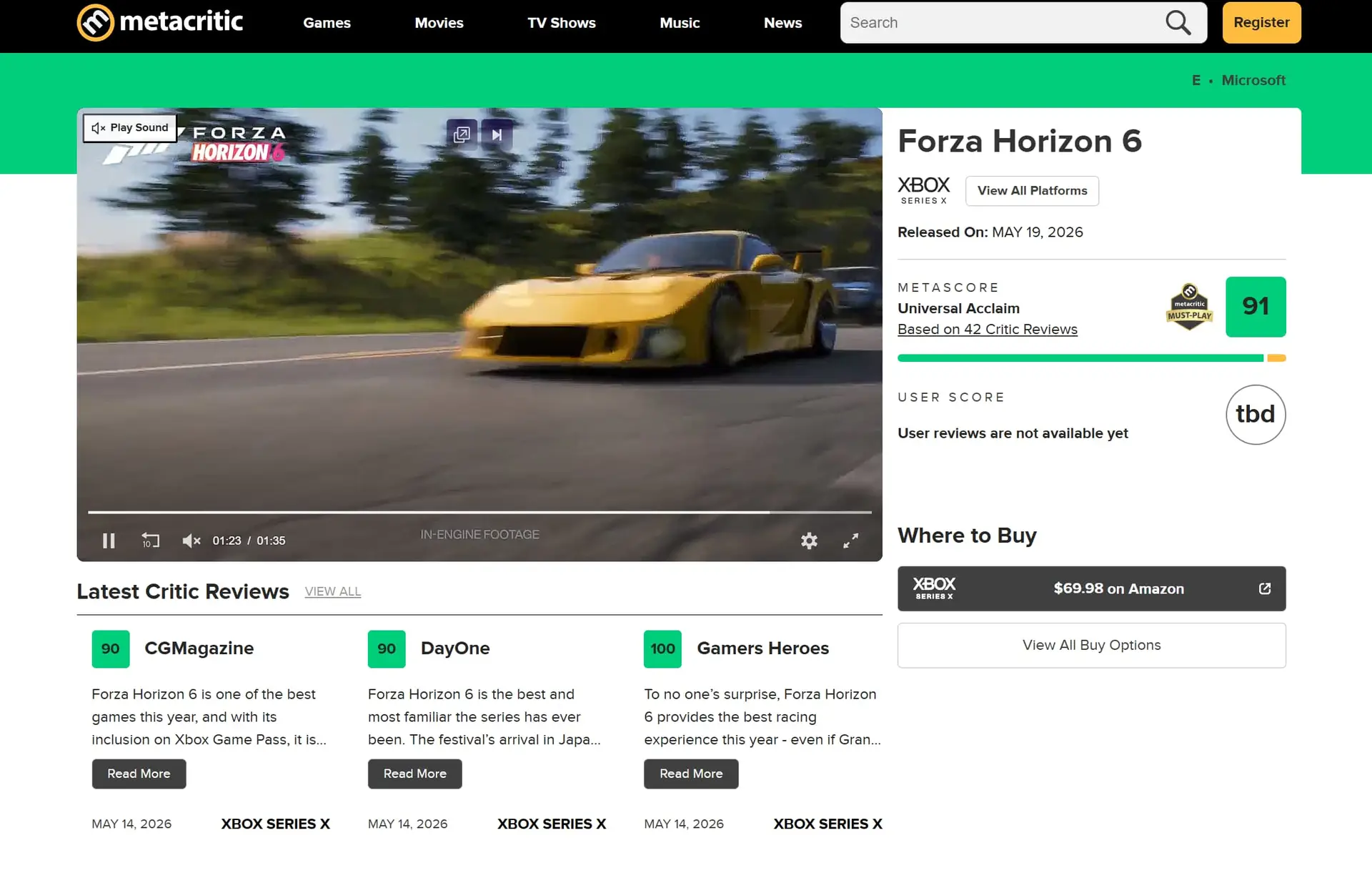 Página do Forza Horizon 6 no Metacritic com Metascore 91, classificação Universal Acclaim e selo Must-Play.