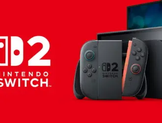 Nintendo Switch 2 com Joy-Cons, dock e TV ao fundo em arte promocional oficial sobre fundo vermelho