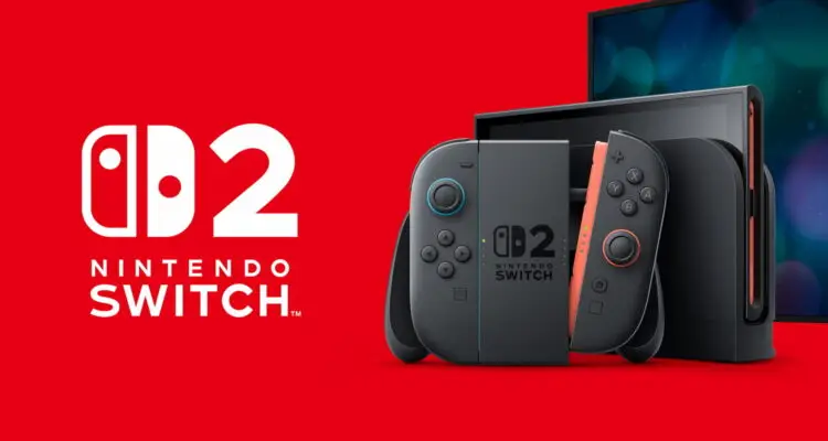 Nintendo Switch 2 com Joy-Cons, dock e TV ao fundo em arte promocional oficial sobre fundo vermelho