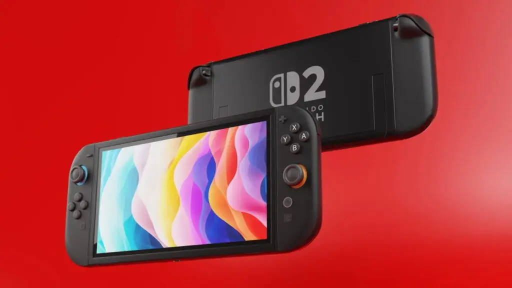 Nintendo Switch 2 mostrando frente com tela ligada em padrões coloridos e traseira com logo da nova geração