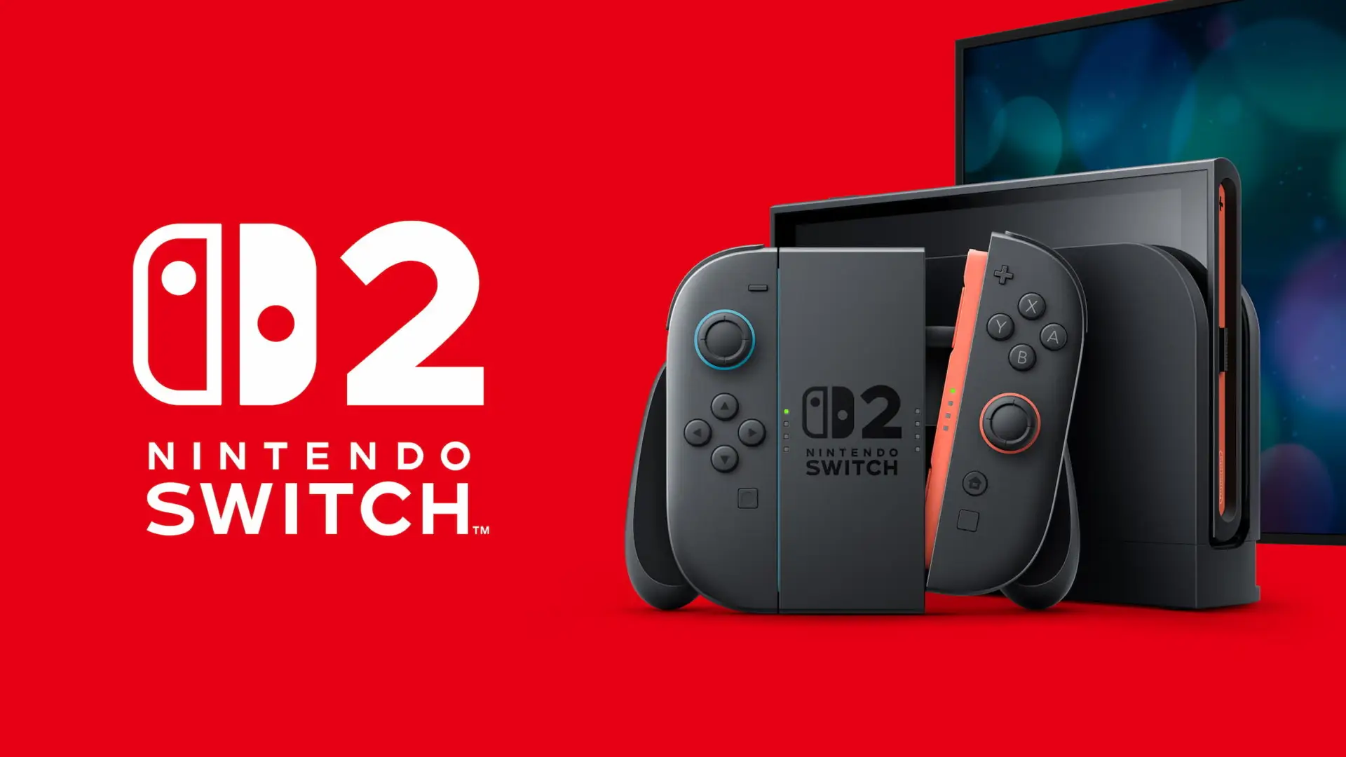 Nintendo Switch 2 com Joy-Cons, dock e TV ao fundo em arte promocional oficial sobre fundo vermelho