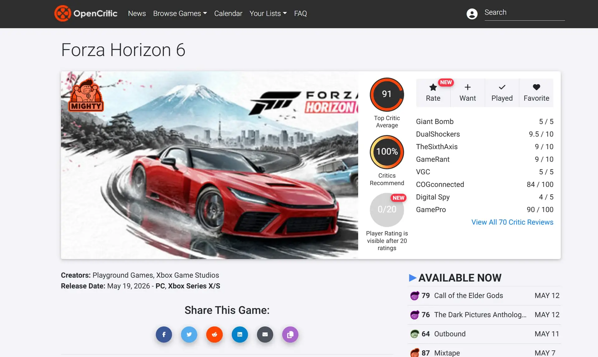 Página do Forza Horizon 6 no OpenCritic exibindo nota 91 do Top Critic Average e selo Mighty de recomendação.