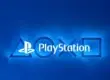 Logotipo PlayStation centralizado entre os símbolos triângulo, círculo, X e quadrado iluminados em azul neon