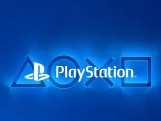 Logotipo PlayStation centralizado entre os símbolos triângulo, círculo, X e quadrado iluminados em azul neon