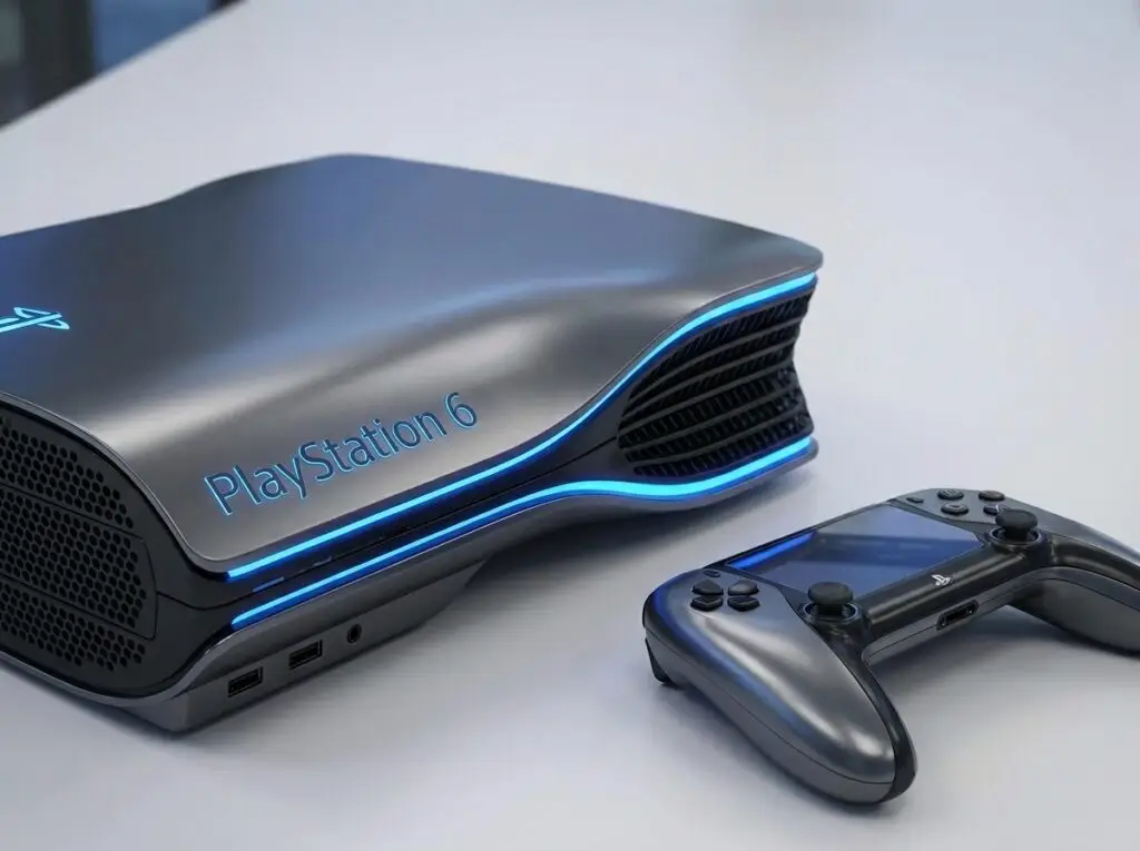 Conceito artístico do PlayStation 6 em design grafite com iluminação LED azul ao lado de controle futurista