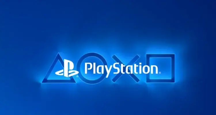 Logotipo PlayStation centralizado entre os símbolos triângulo, círculo, X e quadrado iluminados em azul neon