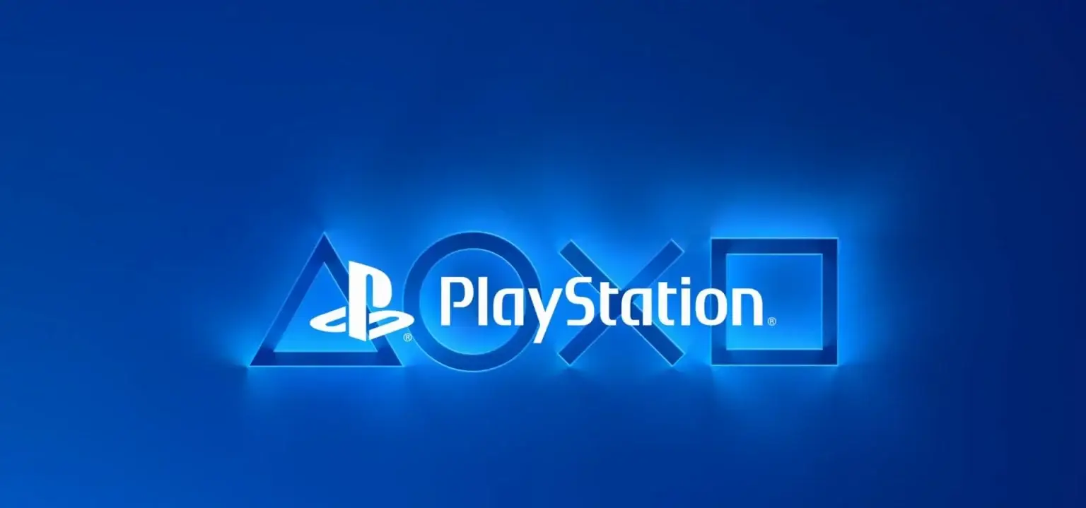Logotipo PlayStation centralizado entre os símbolos triângulo, círculo, X e quadrado iluminados em azul neon