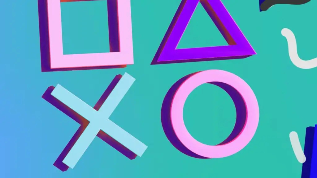 Ilustração 3D dos símbolos quadrado, triângulo, X e círculo do controle PlayStation em fundo verde-água
